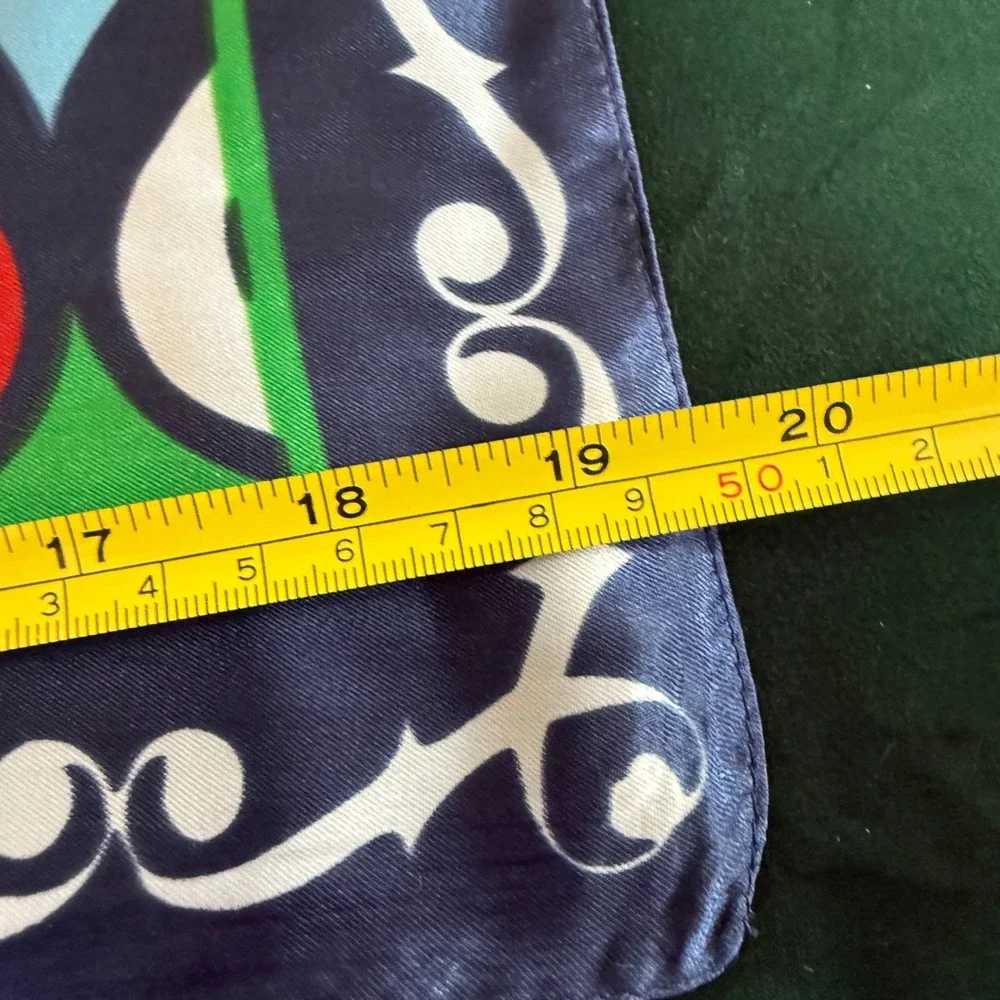 Vintage Geometric Square Scarf Blue Red Green White Scroll Border 100% Polyester